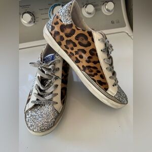Golden Goose Super-Star Size 38 Leopard and Silver Glitter Sneakers